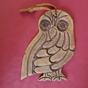 Handmade Studio Pottery Owl Wall Plaque with Leather Hanger